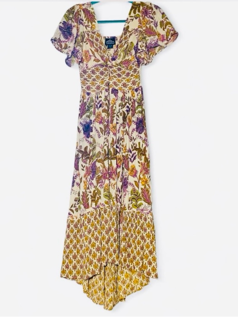 Angie Cream Maxi Dress with Purple & Yellow Floral Print